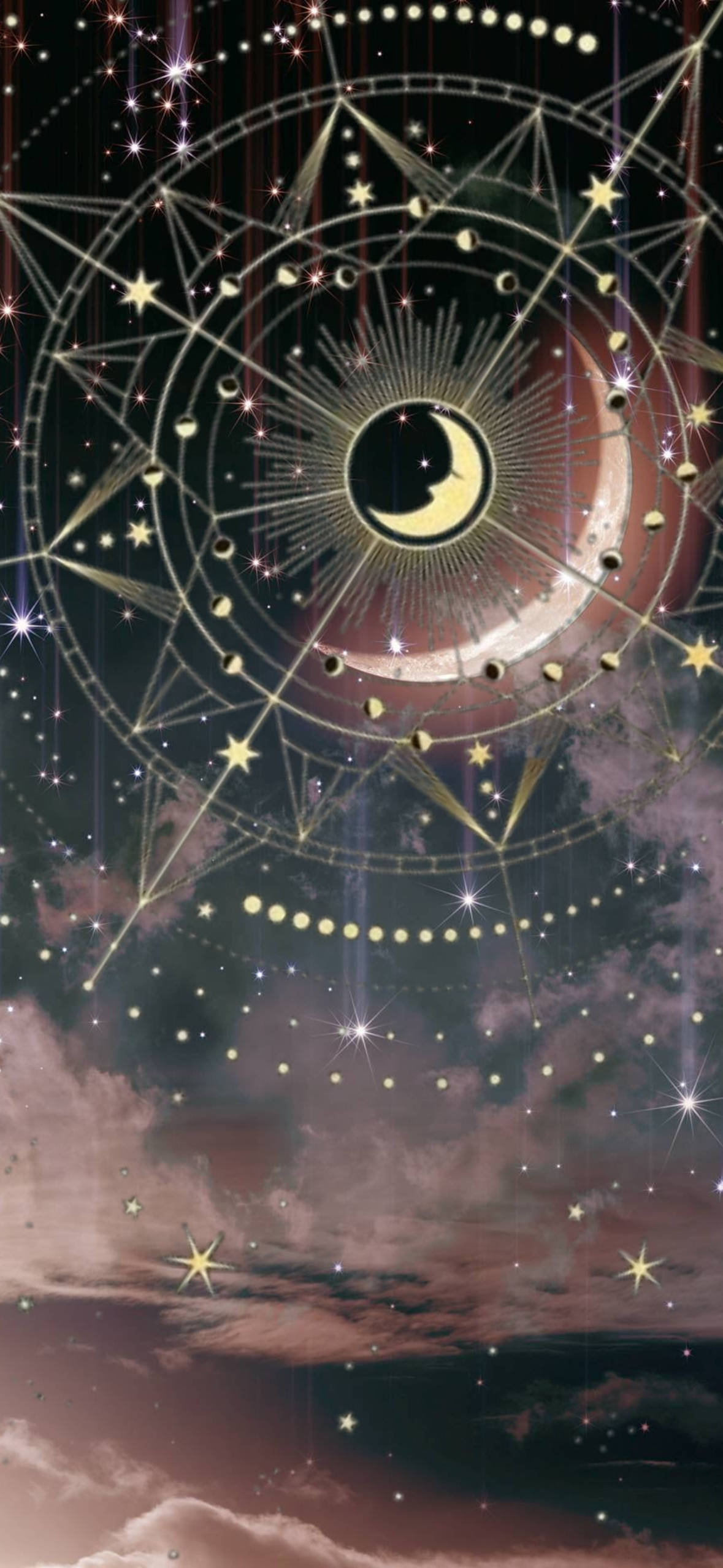 手機 桌布 壁紙 — 一個帶有新月和星星的天體曼陀羅，從宇宙中心向暮色天空放射光芒。