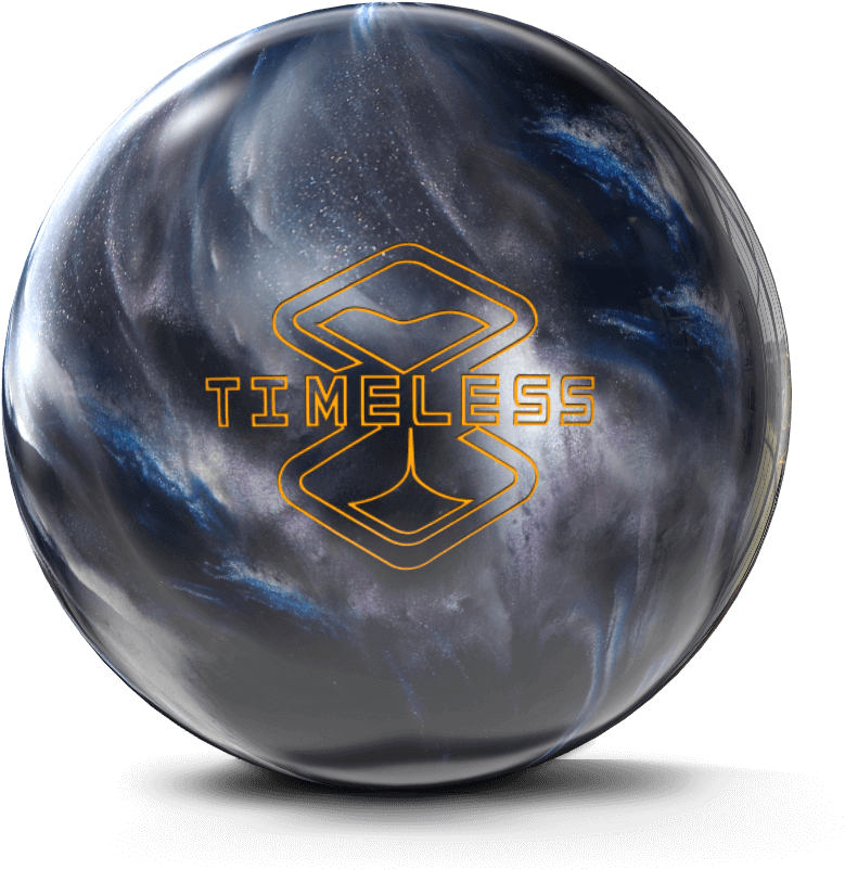Bowling Ball 桌布 壁紙 — 一個帶有旋轉宇宙藍色和銀色圖案以及發光橙色「TIMELESS」標誌的光澤保齡球。