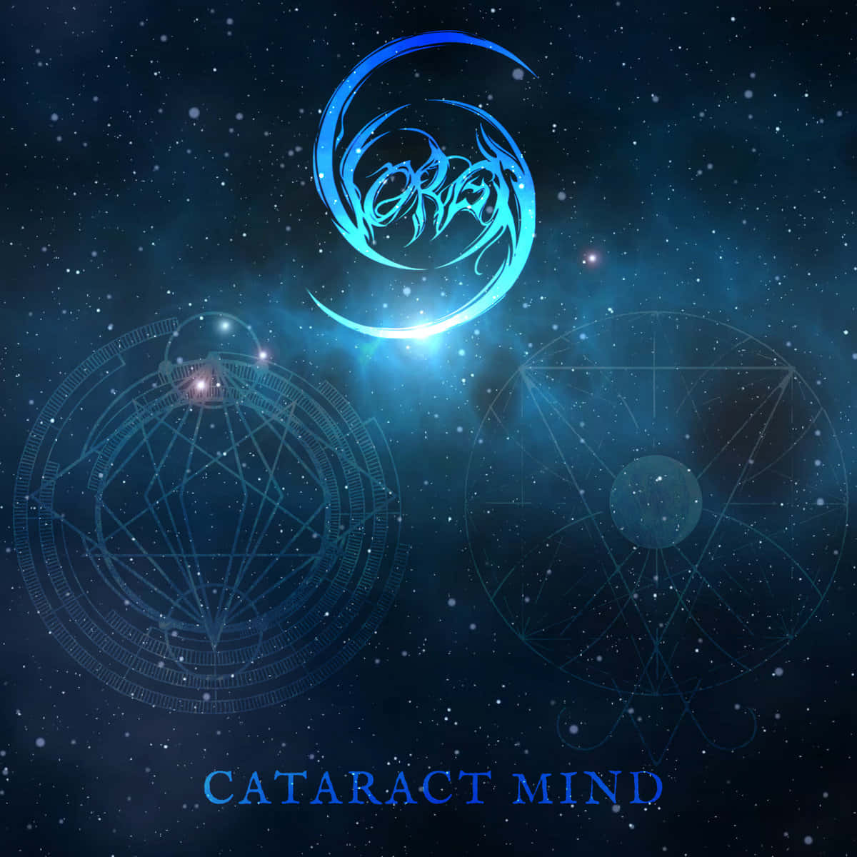 Cancer Zodiac Sign 桌布 壁紙 — 一個帶有旋轉文字的宇宙藍色新月，懸浮在發光的幾何圓圈之上，背景是繁星點點的夜空。