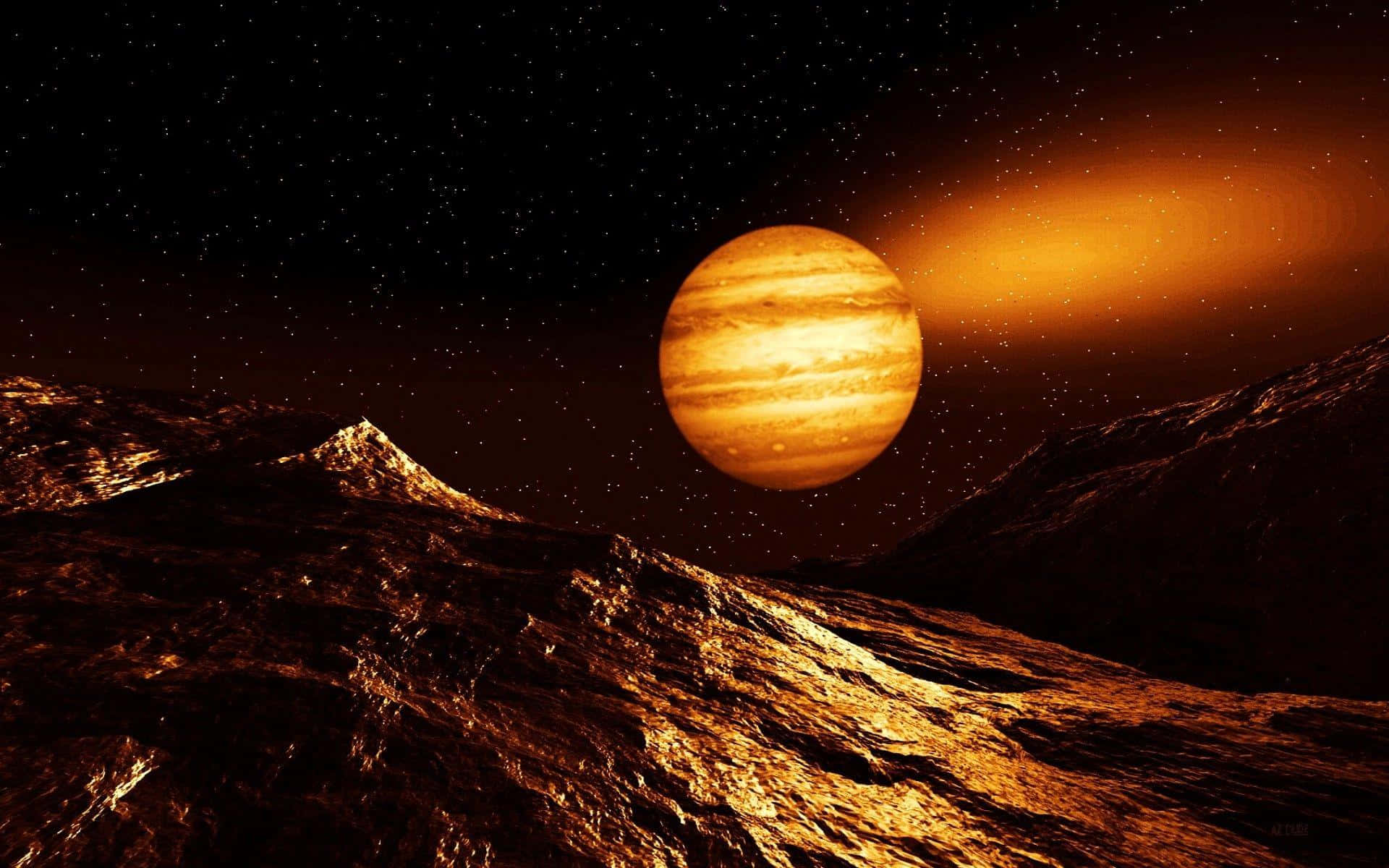 Venus 桌布 壁紙 — 一個帶有旋轉條紋的巨大橙色行星懸掛在崎嶇的外星山脈之上，星空之下。