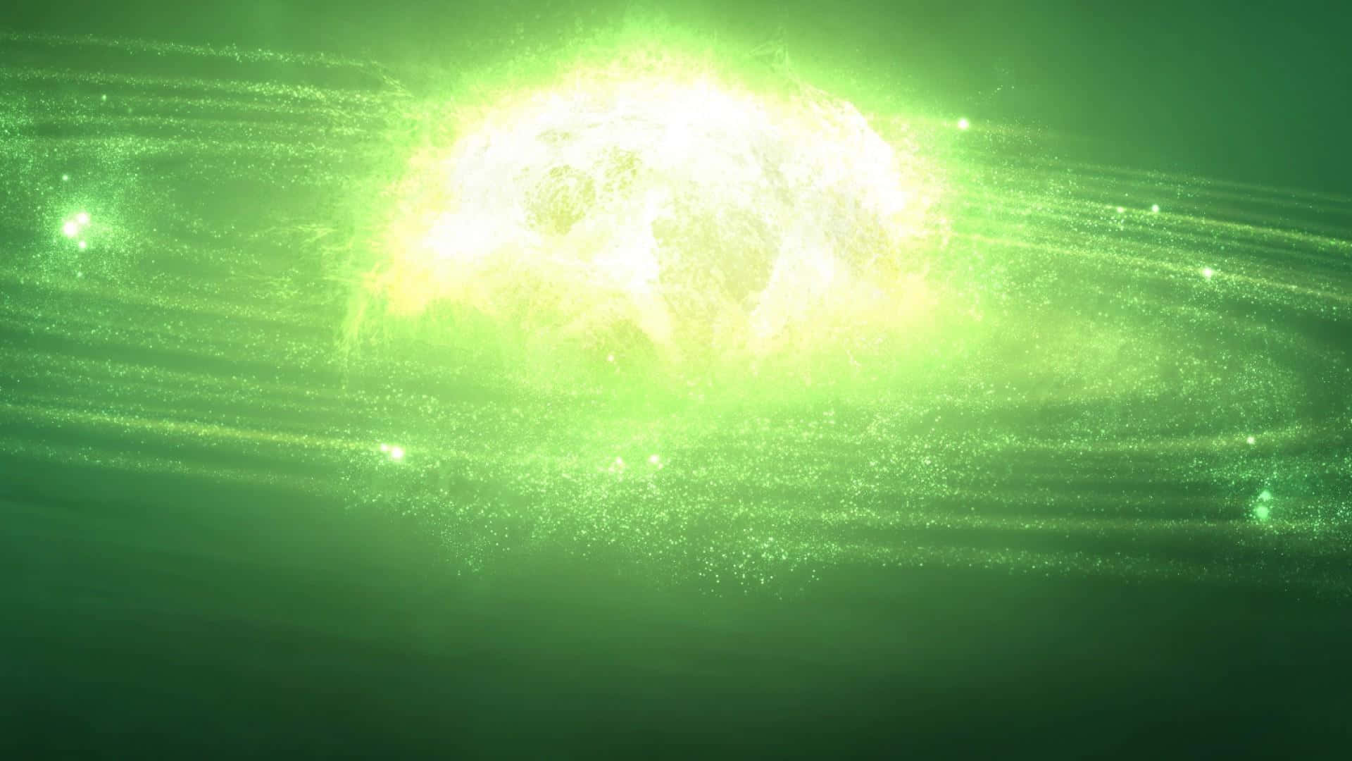 Green Galaxy 桌布 壁紙 — 一個帶有旋轉粒子和發光恆星的明亮綠色宇宙星雲，照亮了廣闊的星際空間。