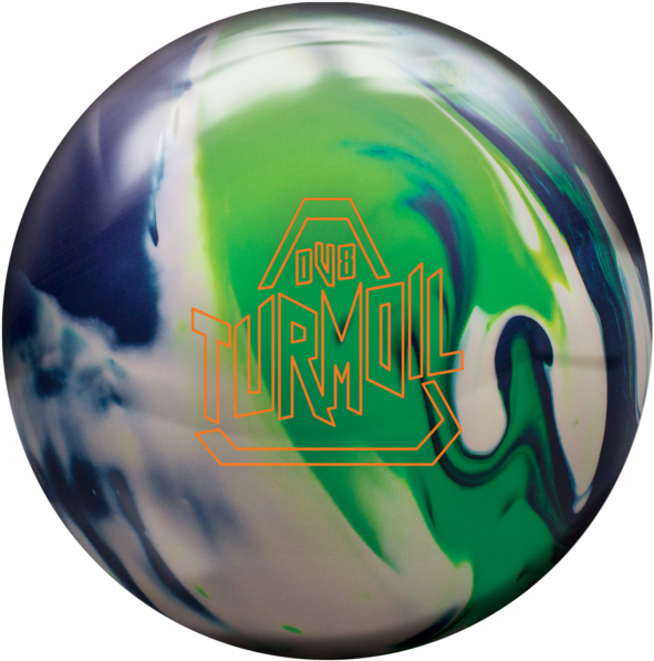 Bowling Ball 桌布 壁紙 — 一個帶有旋轉綠色、藍色和白色圖案以及橙色輪廓 'DVB TURMOIL' 文字的光澤保齡球。