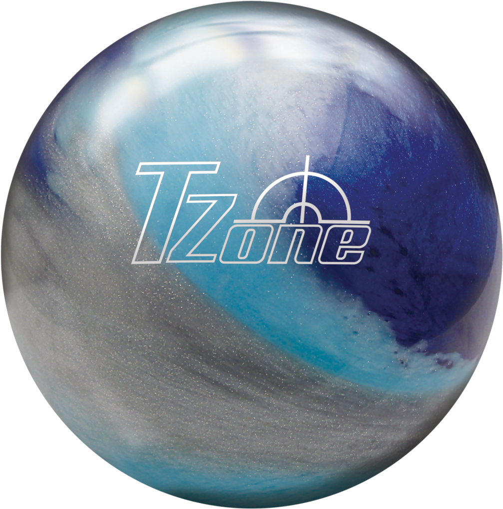 Bowling Ball 桌布 壁紙 — 一個帶有旋轉藍色、銀色和白色圖案及白色TZone標誌的光面保齡球，背景為黑色。