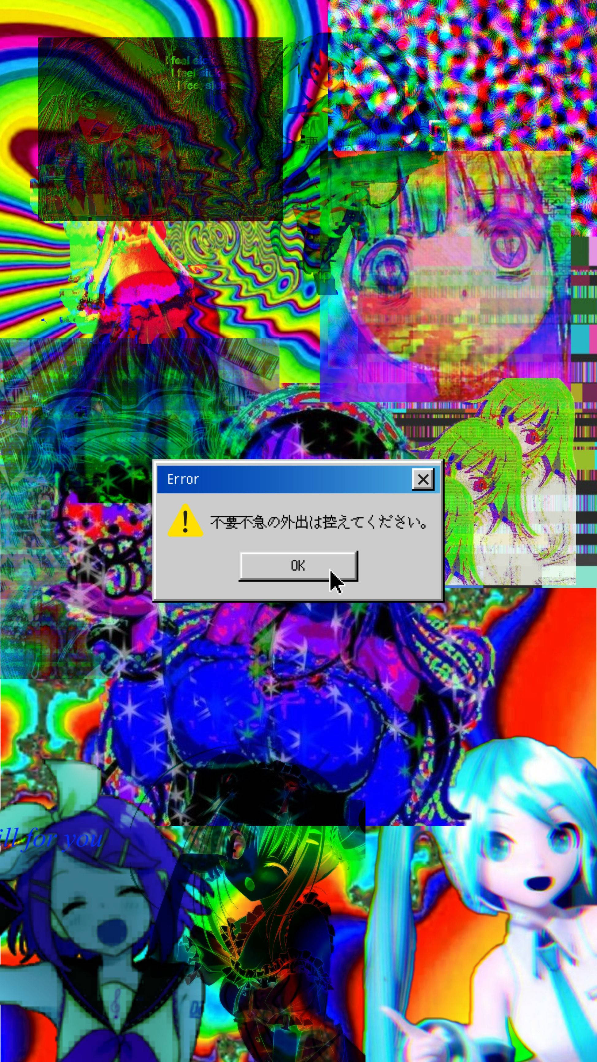 動漫女孩 桌布 壁紙 — 一個帶有日本錯誤訊息框的故障數位拼貼畫，包含動漫角色和扭曲的視覺效果。