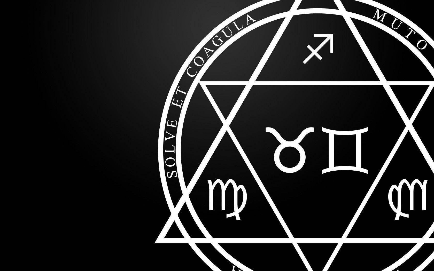 星座運勢 桌布 壁紙 — 一個帶有星座符號和拉丁文字的鮮明白色幾何印章，漂浮在黑色漸變背景上。