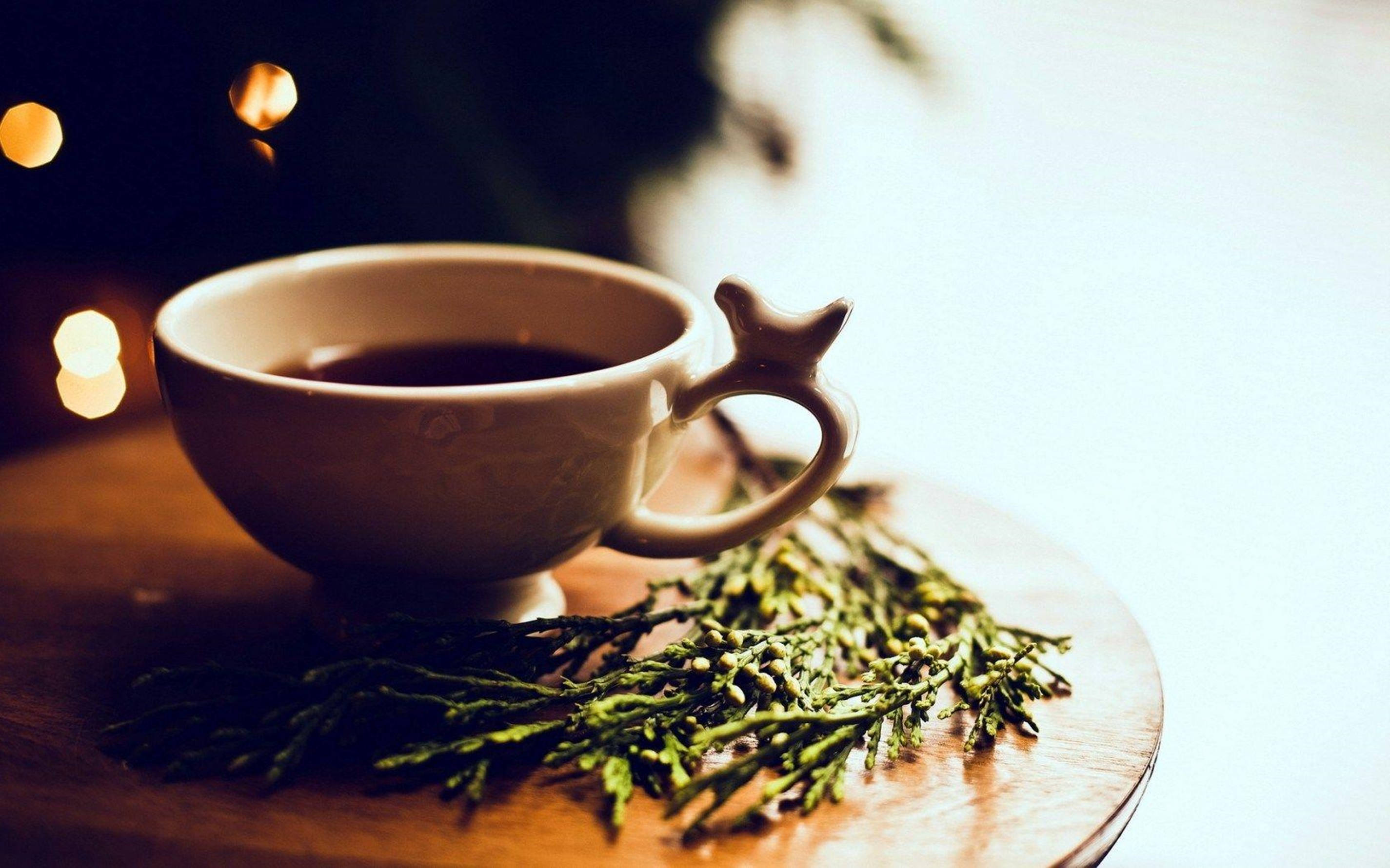 tea 桌布 壁紙 — 一個帶有星形手柄的陶瓷杯，旁邊放著常綠枝條在木托盤上，沐浴在溫暖的散景燈光中。