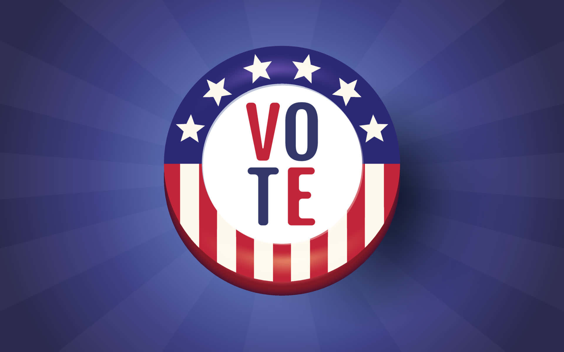 Election 桌布 壁紙 — 一個帶有星星和條紋的愛國紅、白、藍圓形按鈕，在燦爛的藍色背景上大膽顯示「VOTE」字樣。