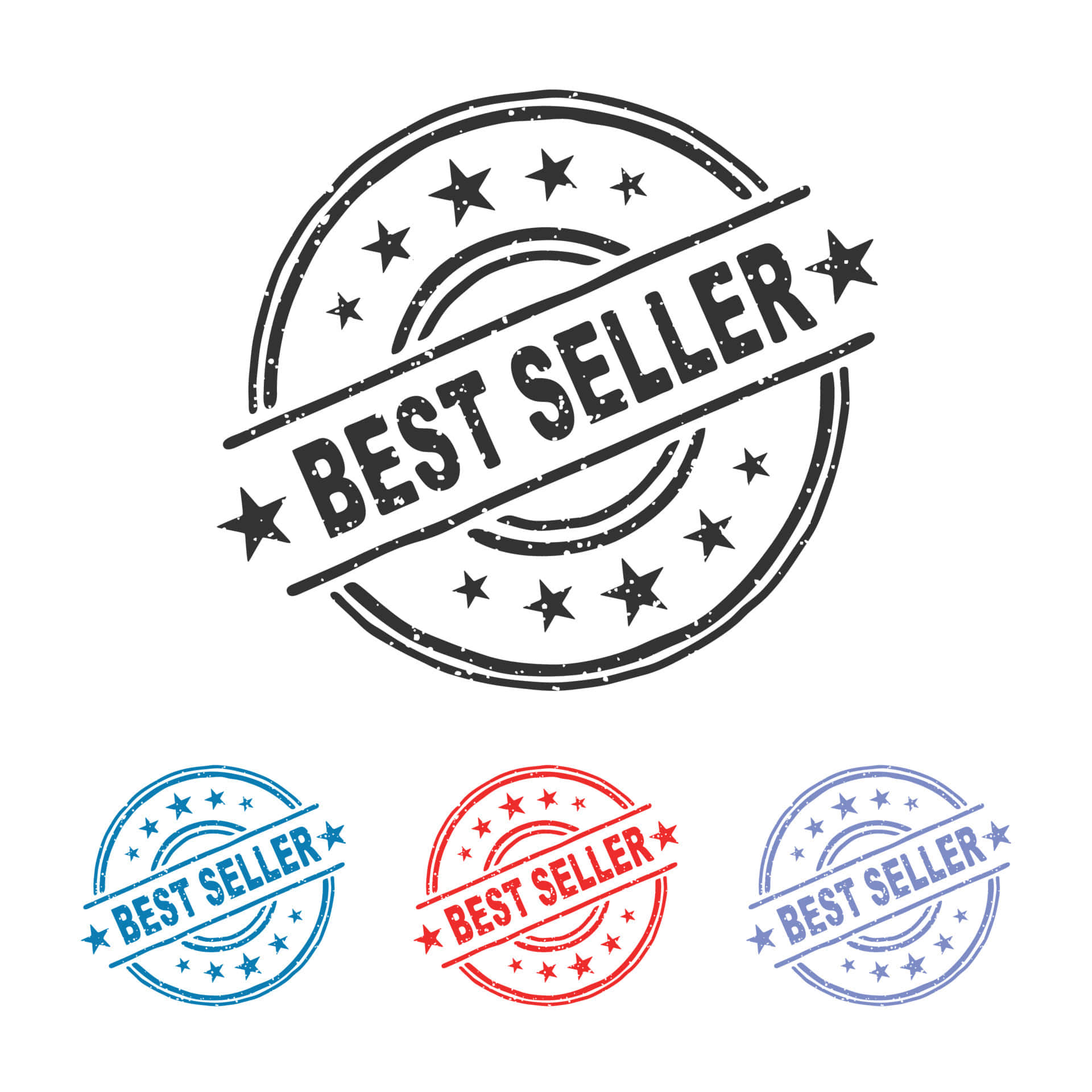 Stamp 桌布 壁紙 — 一個帶有星星的黑色磨損圓形「BEST SELLER」印章，附有較小的藍色、紅色和紫色版本。