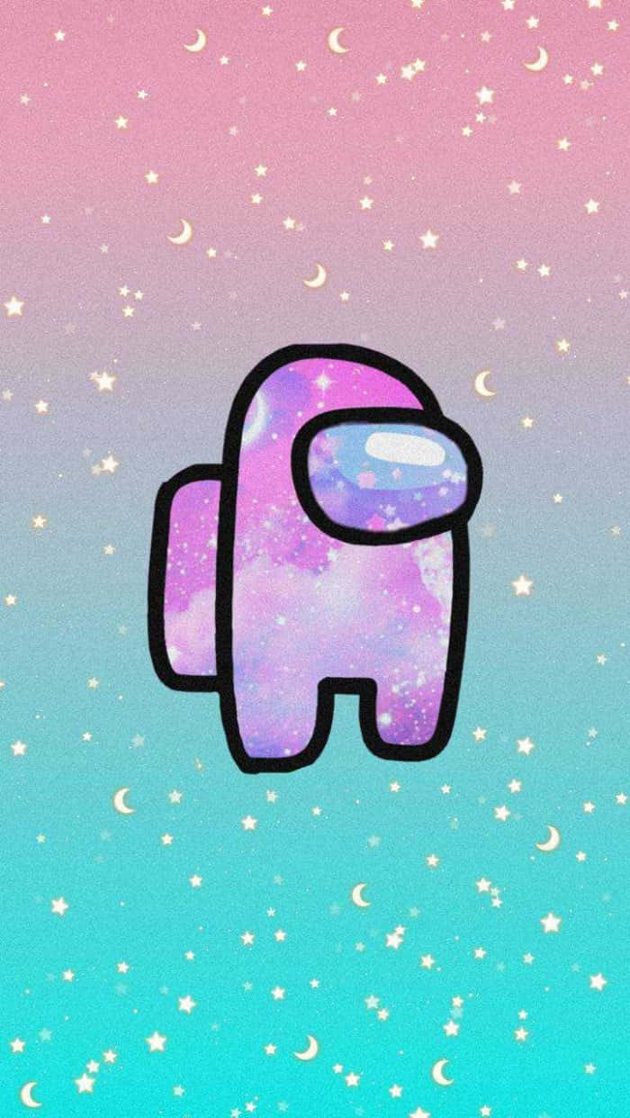 一個帶有星系圖案的卡通太空人漂浮在繁星點點的柔和色天空中。 — Among US 壁紙