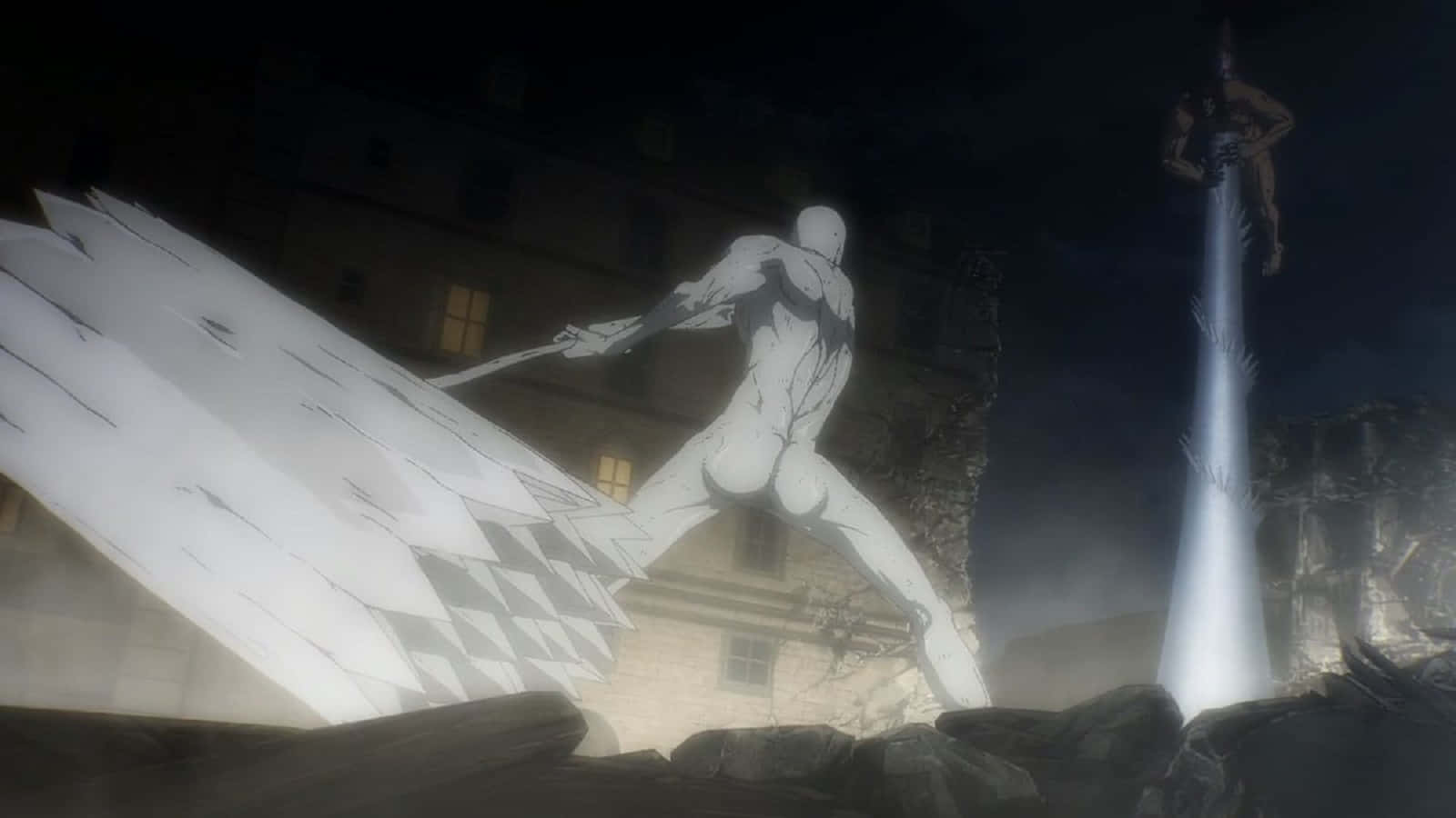 War Hammer Titan 桌布 壁紙 — 一個帶有格子翅膀的巨型人形生物在夜晚與另一個巨人在廢墟城市中衝突。