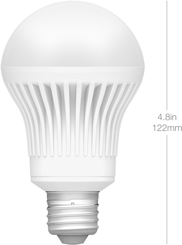 Bulb 桌布 壁紙 — 一個帶有棱紋散熱片和E26燈頭的白光LED燈泡，在黑色背景上顯示尺寸標籤。