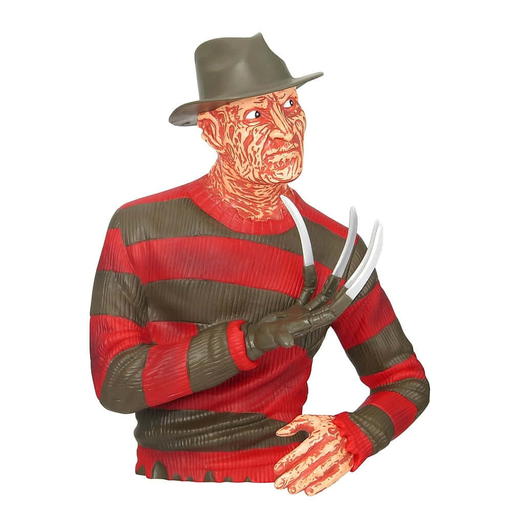 Freddy Krueger 桌布 壁紙 — 一個帶有標誌性紅棕色條紋毛衣和帽子、手套上帶有鋒利刀片的恐怖佛萊迪·克魯格人偶。