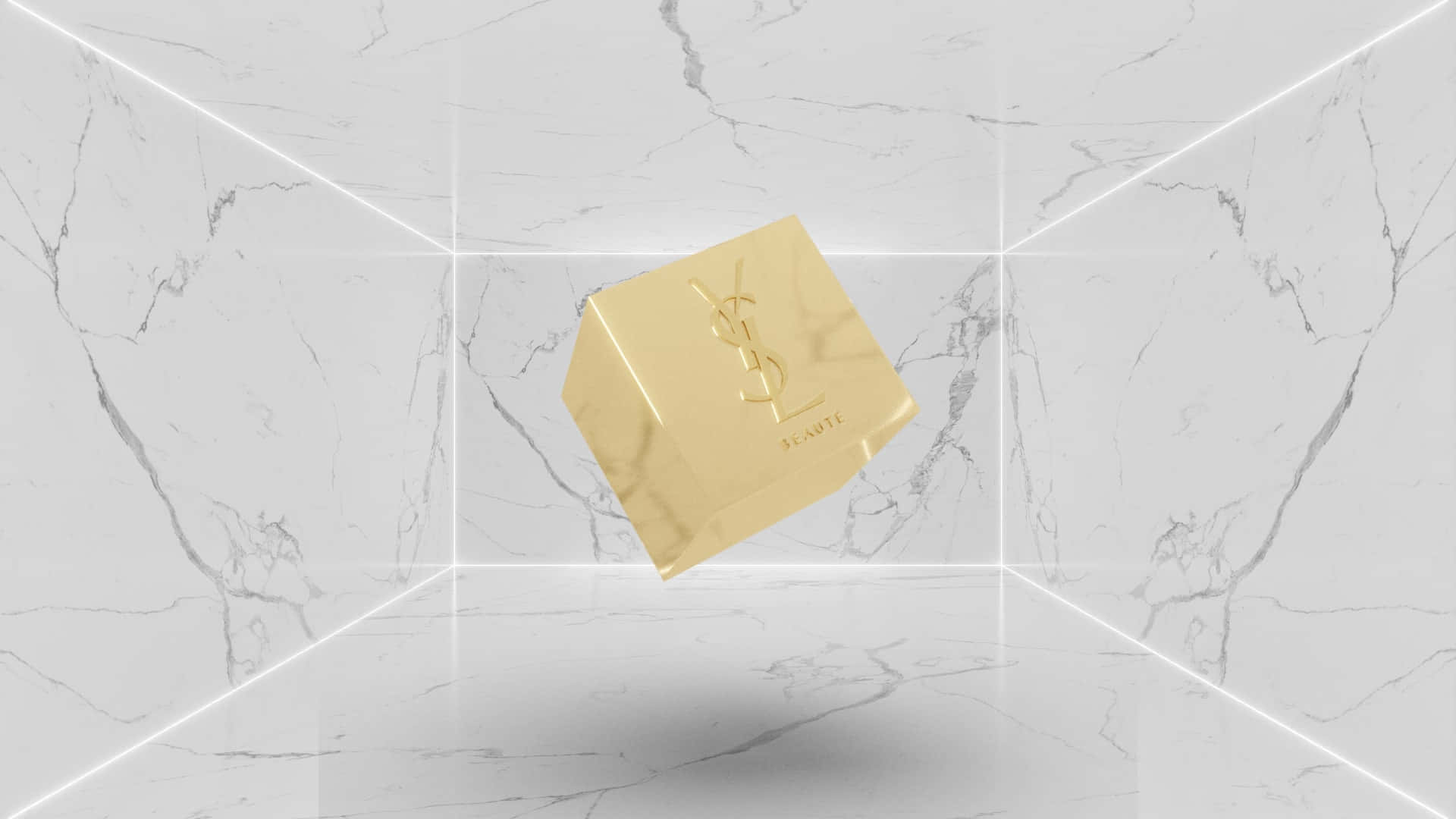 YSL 桌布 壁紙 — 一個帶有標誌的漂浮金色YSL立方體懸浮在一個帶有發光網格線的簡約白色大理石房間中。