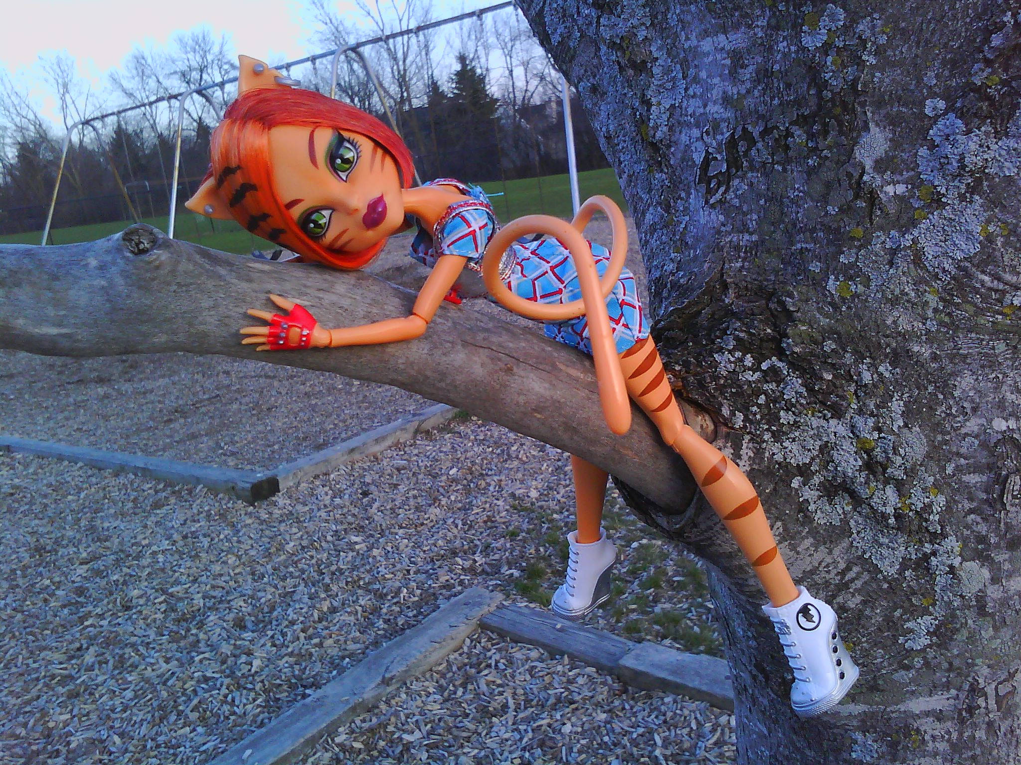 bratz 美學 桌布 壁紙 — 一個帶有橙色老虎條紋的Monster High公仔在黃昏時分躺在公園的樹枝上。