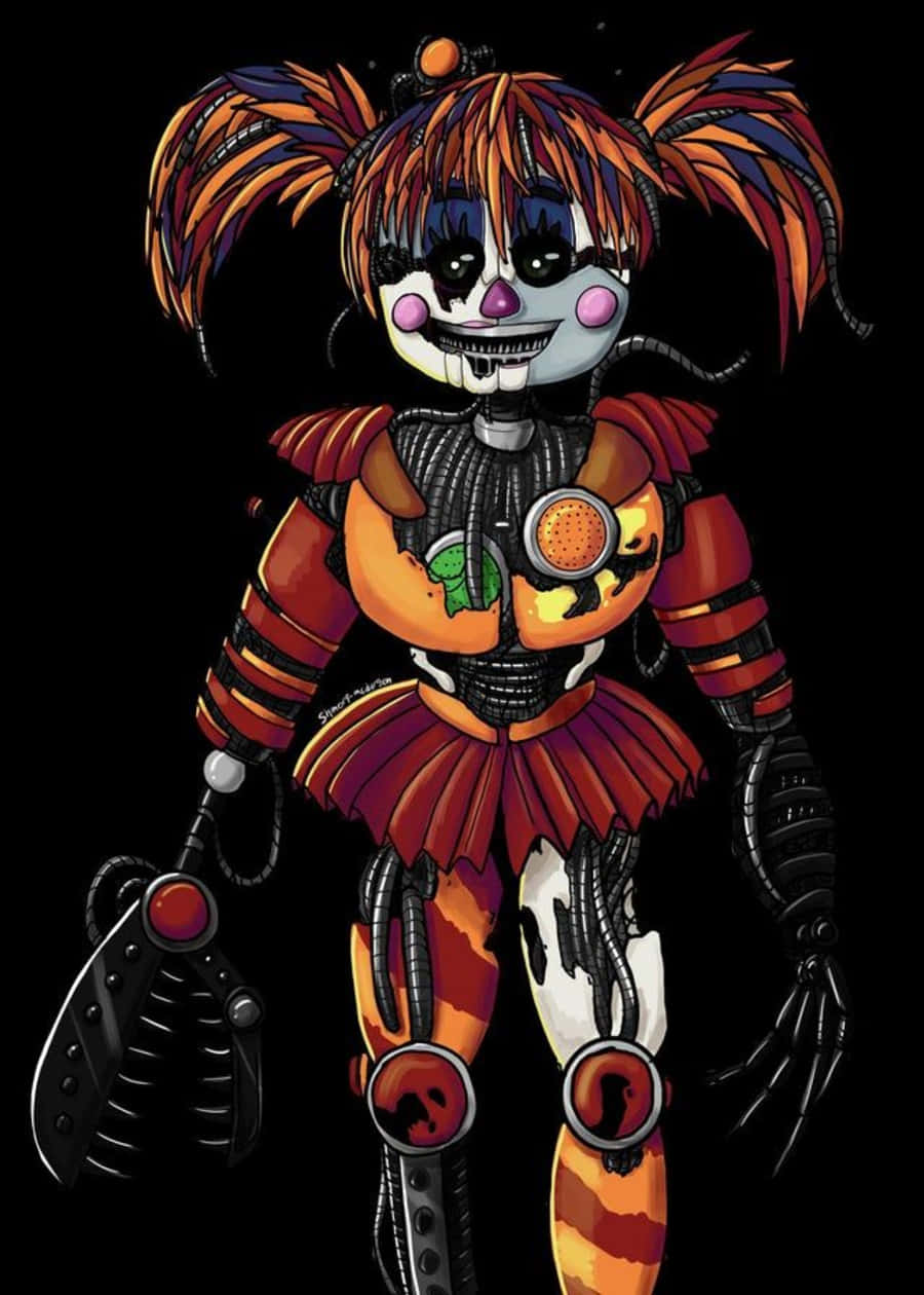 Scrap Baby 桌布 壁紙 — 一個帶有橙色辮子和機械四肢的威脅性電子動畫玩偶站在黑色背景前。