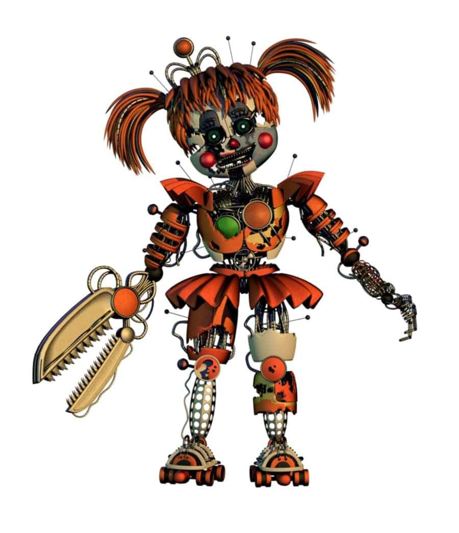 Scrap Baby 桌布 壁紙 — 一個帶有橙色辮子和鋸片手的威脅性機器人娃娃，站在純白色背景前。