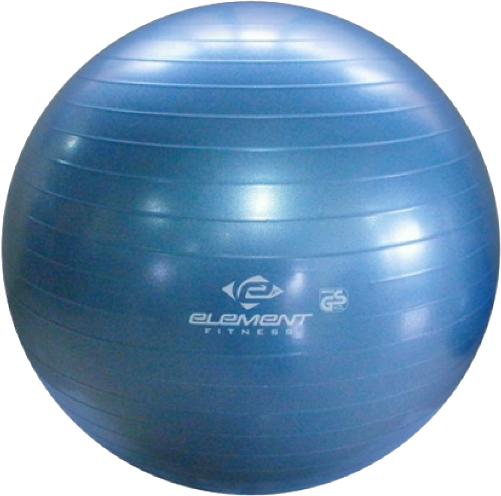 瑜珈 桌布 壁紙 — 一個帶有水平條紋和Element Fitness品牌的亮藍色健身球，背景為黑色。