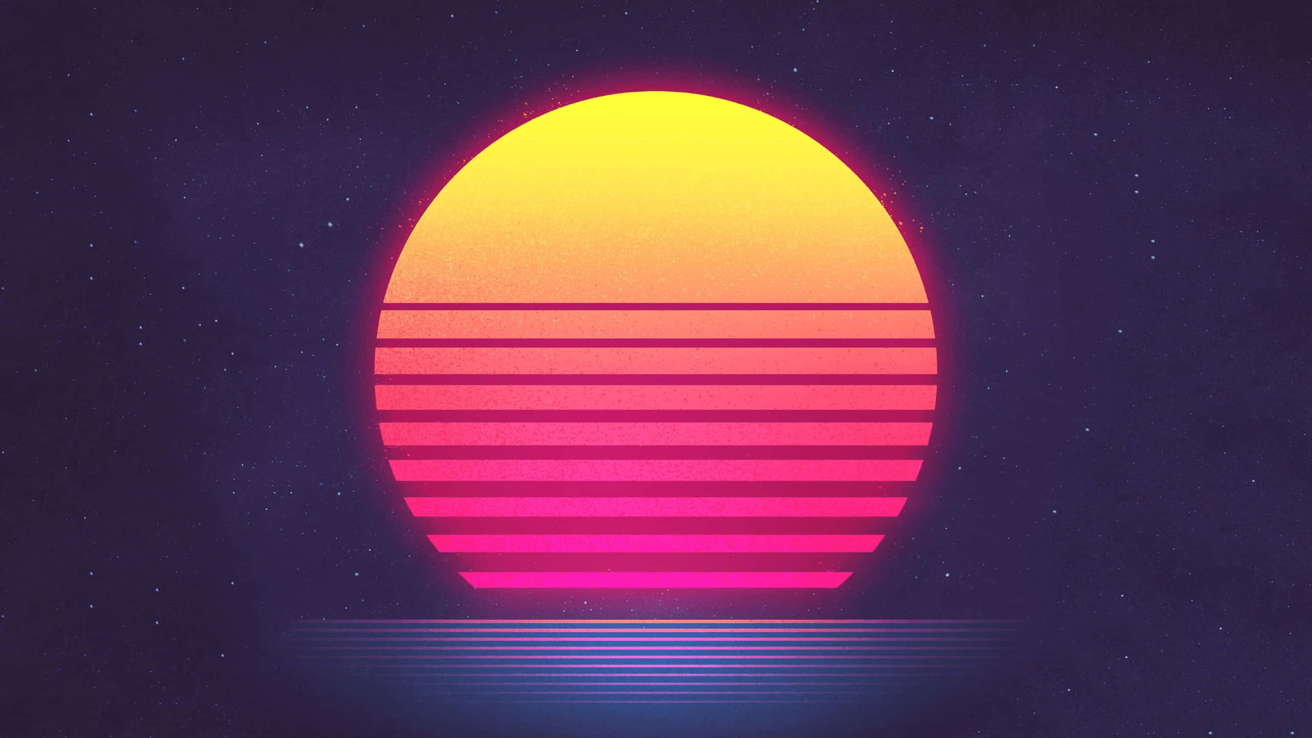 桌布 壁紙 — 一個帶有水平條紋的充滿活力的復古太陽在星空和發光的地平線上閃耀。