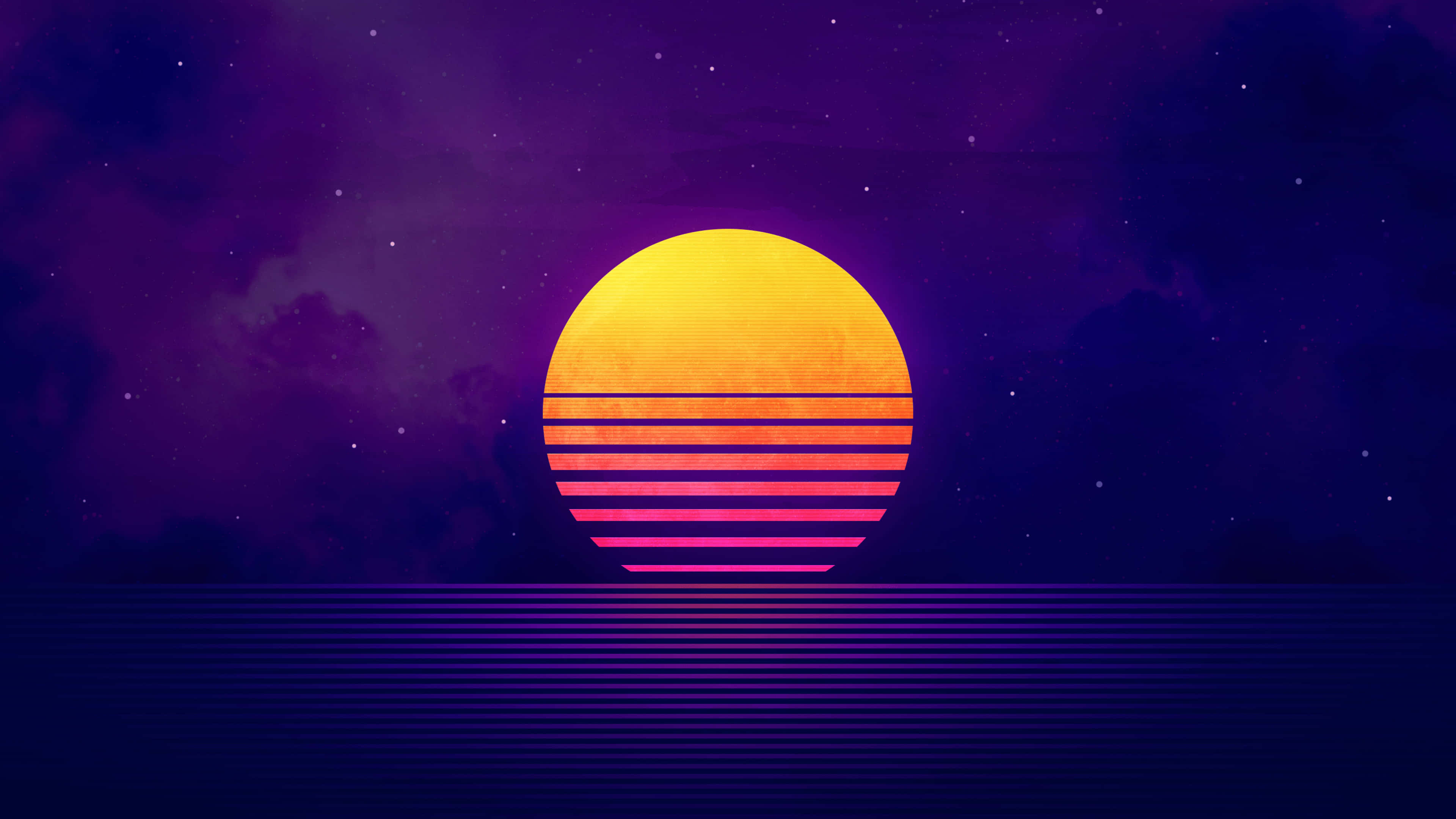 桌布 壁紙 — 一個帶有水平條紋的復古太陽在星空夜空下落在紫色海洋上。