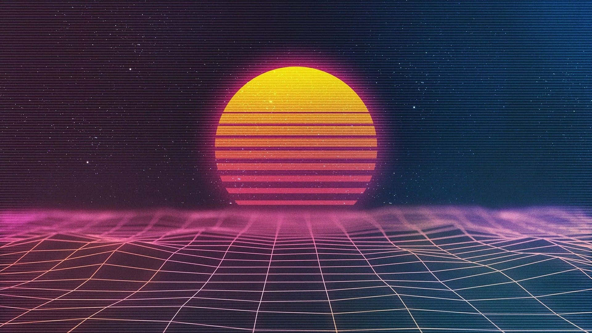 80s Retro 桌布 壁紙 — 一個帶有水平條紋的發光復古太陽在星空的數位天空下升起，越過霓虹網格地平線。