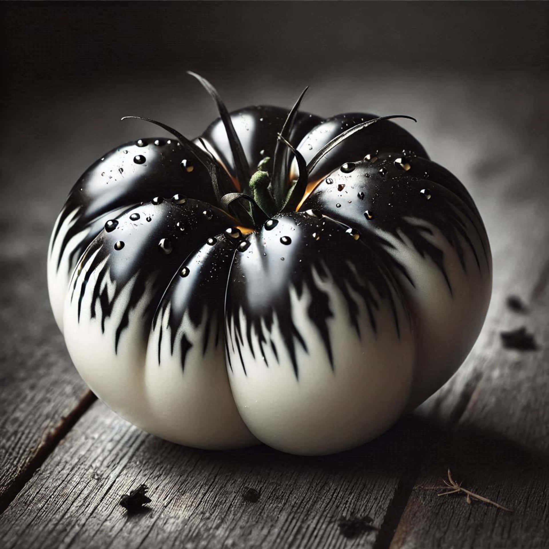 Tomato in black and white on a demolition table 壁紙 — 一個帶有水珠的光澤黑白番茄放在風化的木質表面上。
