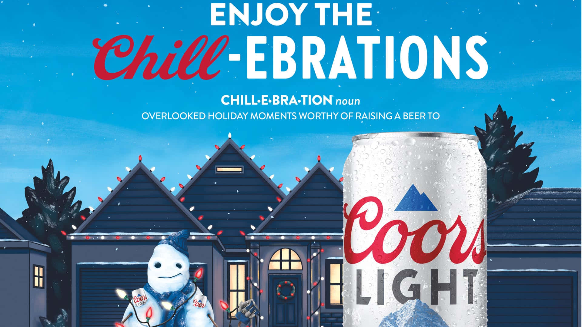 Coors Light啤酒罐與雪人和節日燈飾在雪白的郊區。 — 雪人 壁紙