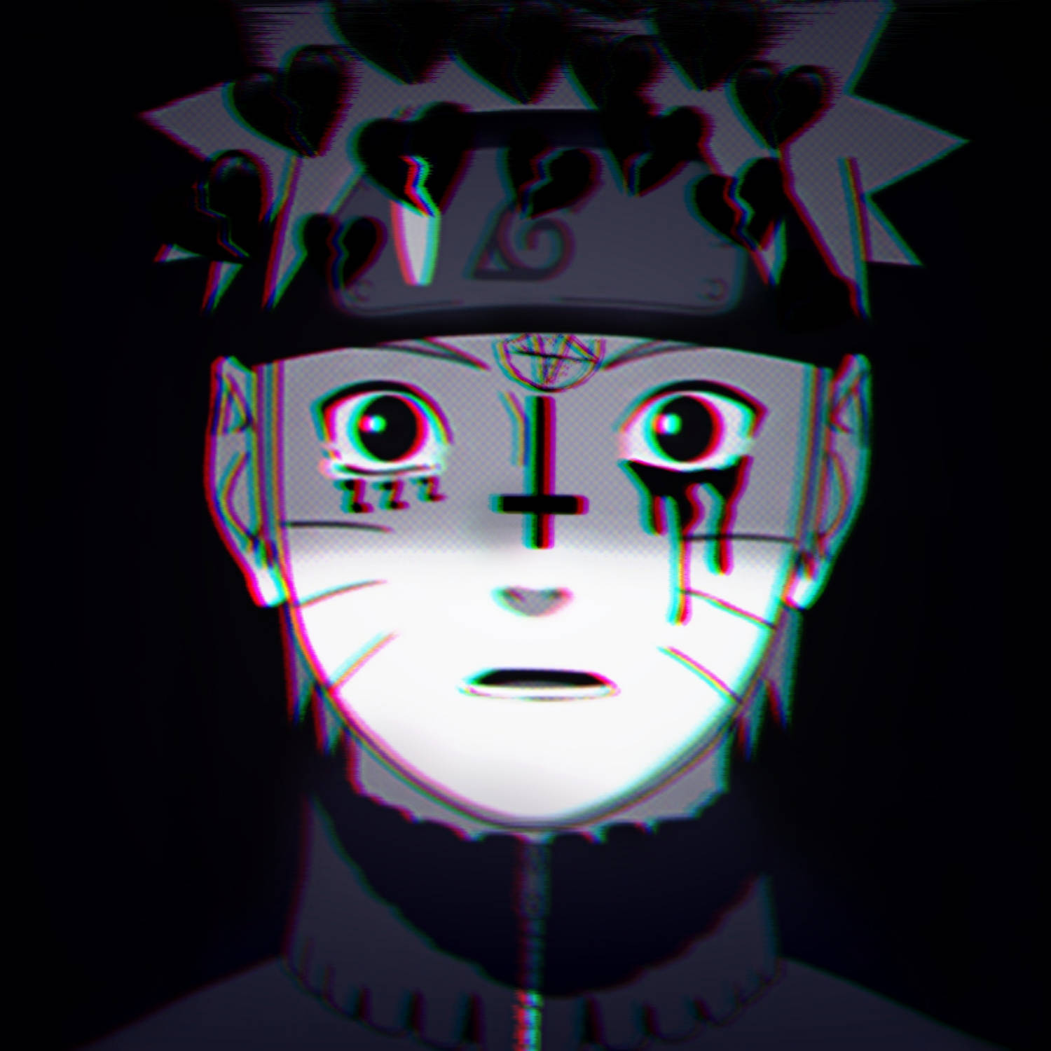 Sad Naruto 桌布 壁紙 — 一個帶有淚水、心形尖刺和色差效果的故障動漫角色，背景為黑色。