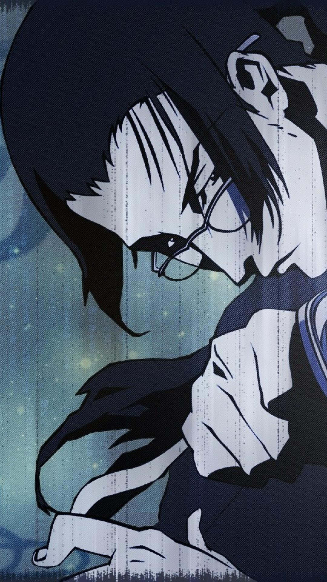 Samurai Champloo 桌布 壁紙 — 一個帶有深色頭髮和眼鏡的憂鬱動漫角色，在繁星點點的藍色背景下向下凝視。