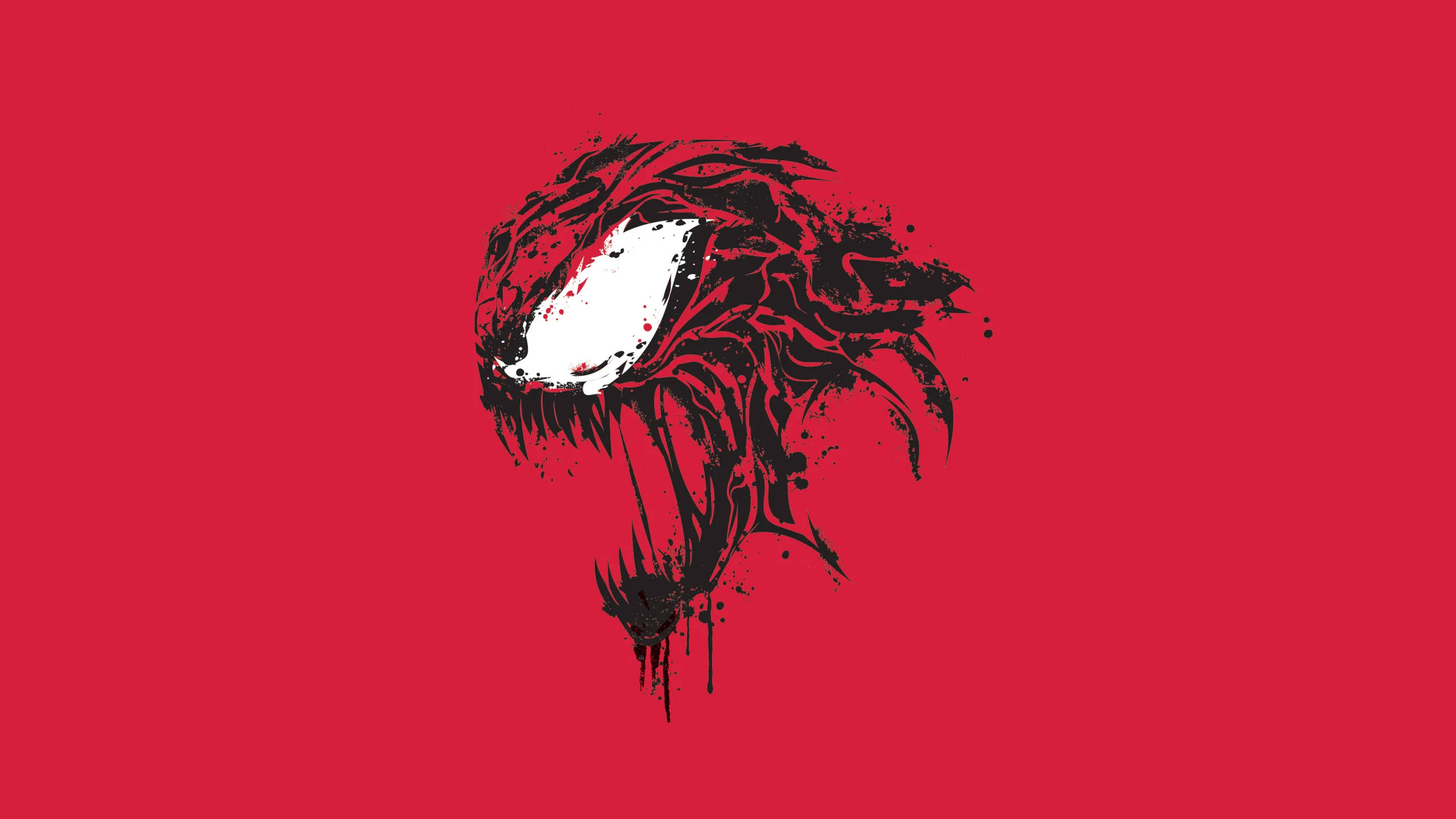 Carnage 桌布 壁紙 — 一個帶有滴落觸手的黑白猛毒頭像，在鮮紅色背景上顯得威嚇。