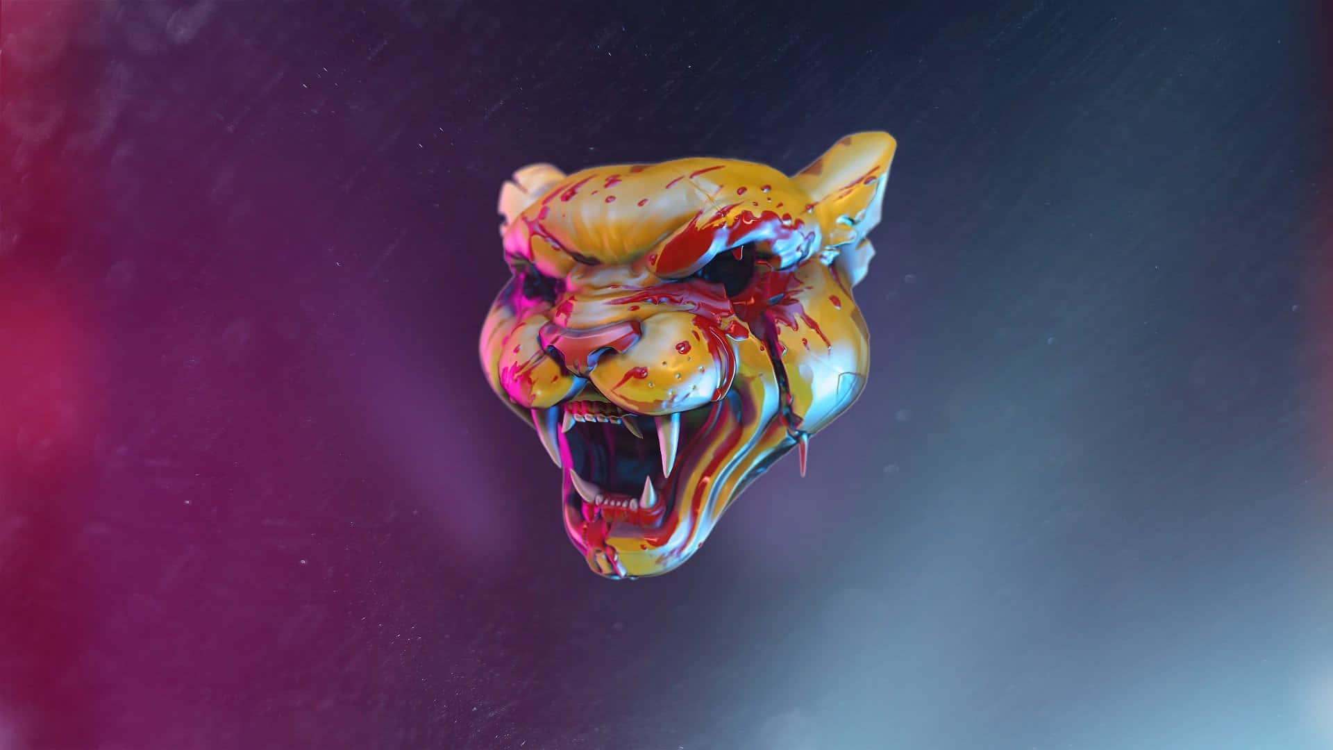 Hotline Miami 桌布 壁紙 — 一個帶有滴落霓虹顏料和尖銳牙齒的威脅性貓頭，漂浮在深色漸變背景上。