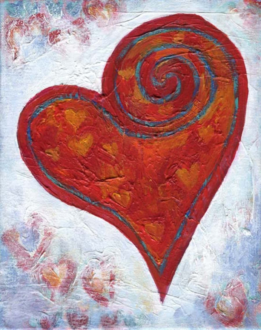 Heart Art 桌布 壁紙 — 一個帶有漩渦圖案和小心形的紋理紅心，繪製在磨損的白色帆布背景上。