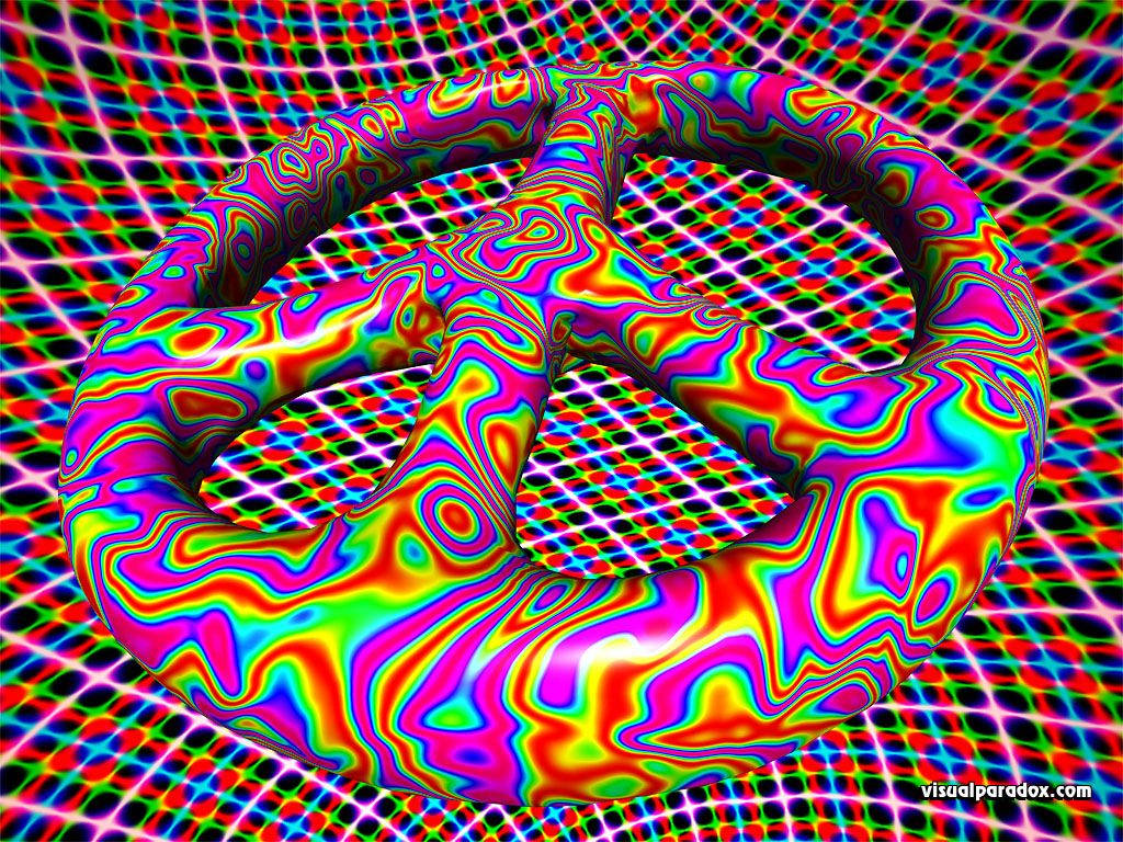 一個帶有漩渦圖案的彩色環面浮在發光的網格上。 — 3D 桌面 GIF 壁紙