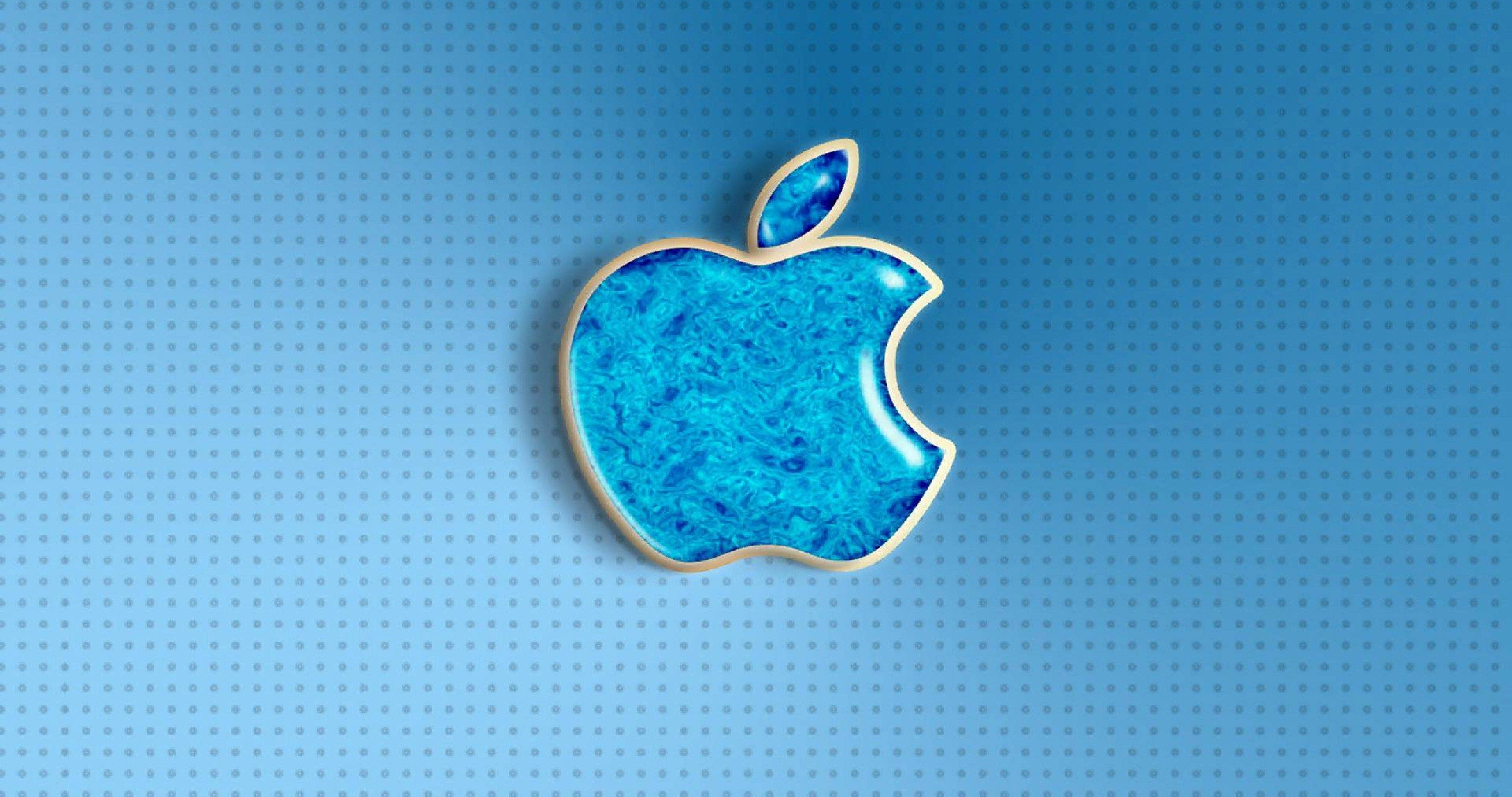 Apple 4K Ultra HD 桌布 壁紙 — 一個帶有漩渦紋理和金色輪廓的光澤藍色Apple標誌，居中在漸變藍色點狀背景上。