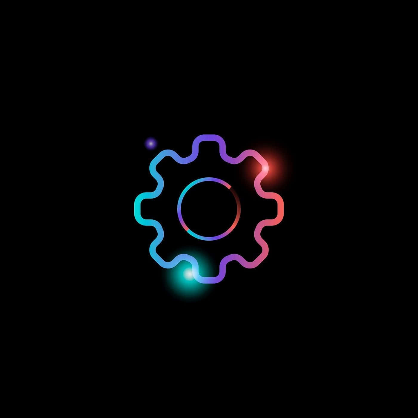 Application 桌布 壁紙 — 一個帶有漸變顏色的發光霓虹齒輪在黑色背景上脈動，發出柔和的光效。