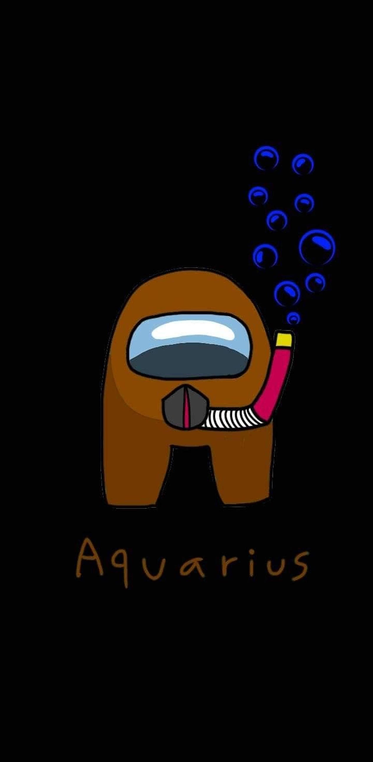 aquarius 桌布 壁紙 — 一個帶有潛水呼吸管和藍色氣泡的棕色Among Us角色，漂浮在標有Aquarius的黑色背景上。