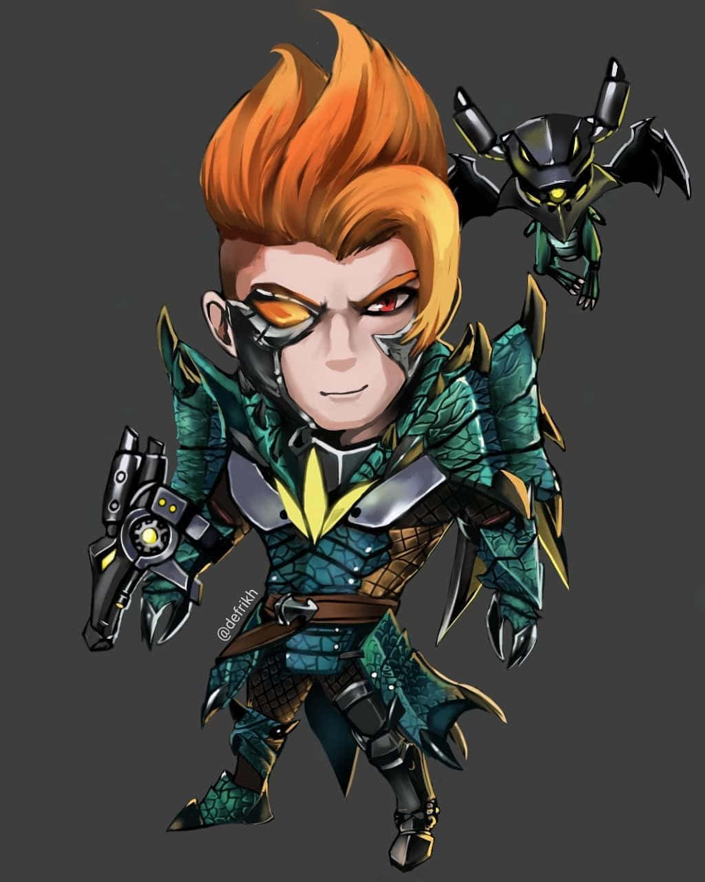 Mobile Legends 動態圖 桌布 壁紙 — 一個帶有火橙色頭髮和發光橙色眼睛的Q版戰士，穿著青綠色盔甲，一隻蝙蝠狀生物棲息在他身後。