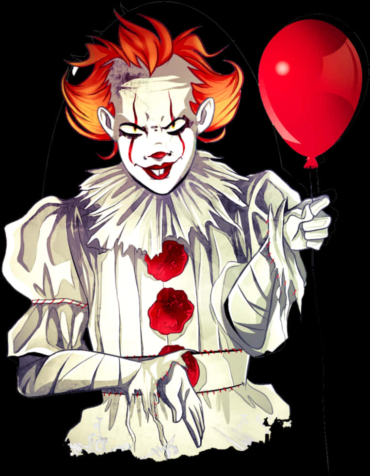 Clown Images With . 桌布 壁紙 — 一個帶有火橙色頭髮和紅色氣球的威脅小丑，在黑色背景上露出邪惡的笑容。