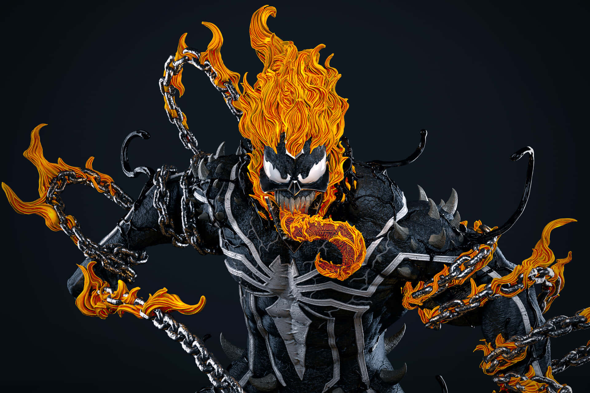 Venomized 桌布 壁紙 — 一個帶有火焰橙色頭髮和鎖鏈的威脅性黑色共生體生物，在黑暗背景前被火焰包圍。