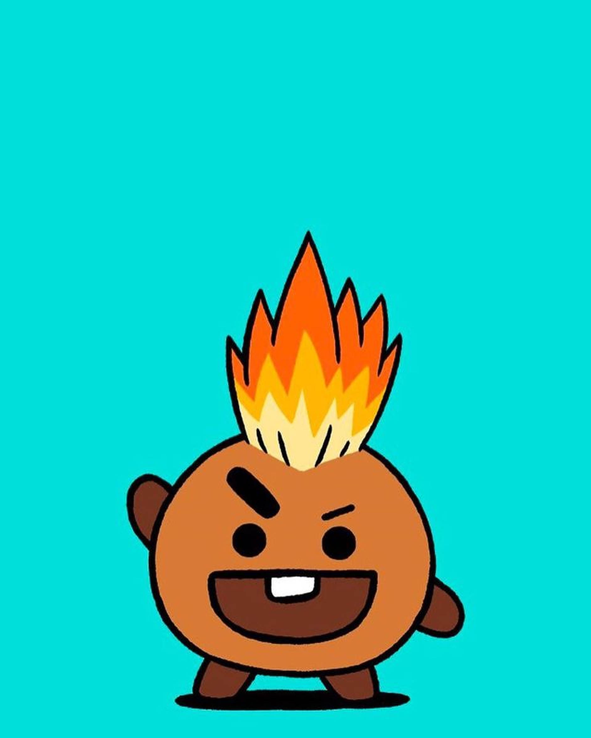 shooky bt21 桌布 壁紙 — 一個帶有火焰莫霍克髮型和憤怒表情的卡通角色，站在明亮的青綠色背景前。