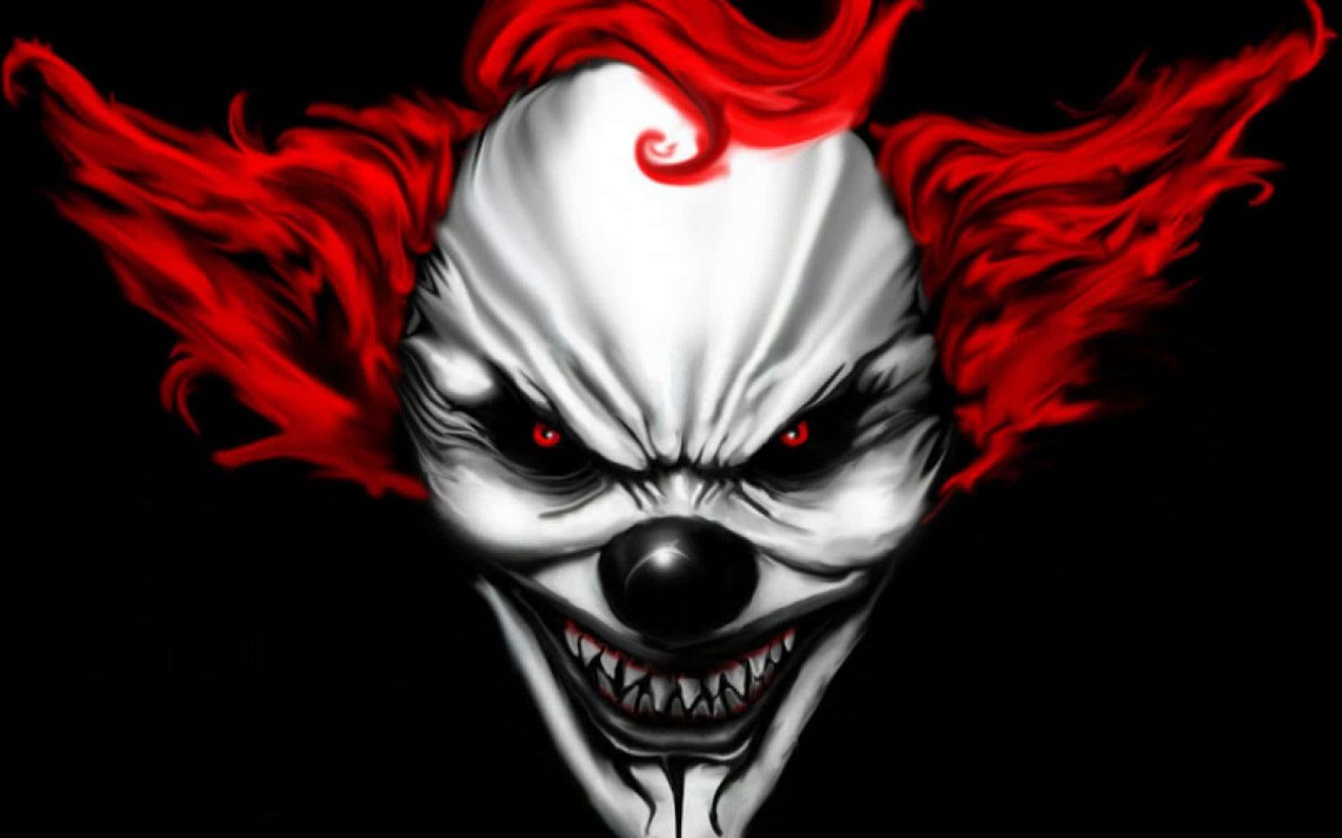 Scary Face 桌布 壁紙 — 一個帶有火紅頭髮和發光紅眼的威脅小丑，在黑色背景下強烈凝視。