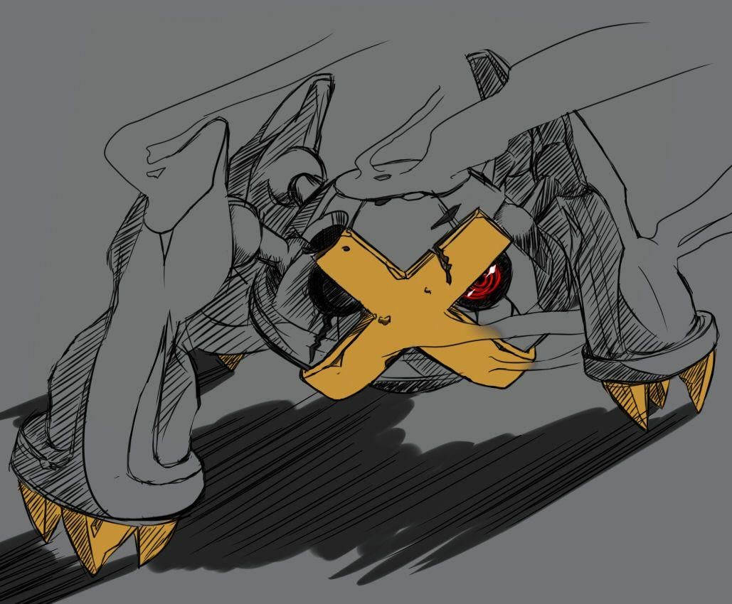 Metagross 桌布 壁紙 — 一個帶有灰色身體、黃色爪子和發光紅色眼睛的威脅性動漫生物，以黑暗陰影的姿勢蹲伏著。