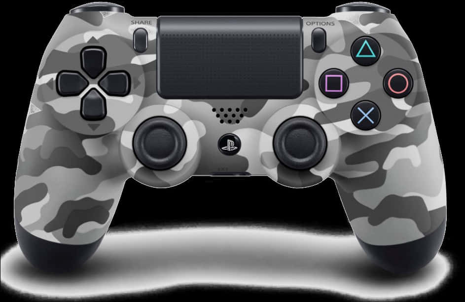剪貼畫 桌布 壁紙 — 一個帶有灰色迷彩皮膚的PlayStation 4控制器，在黑色背景上柔和發光。