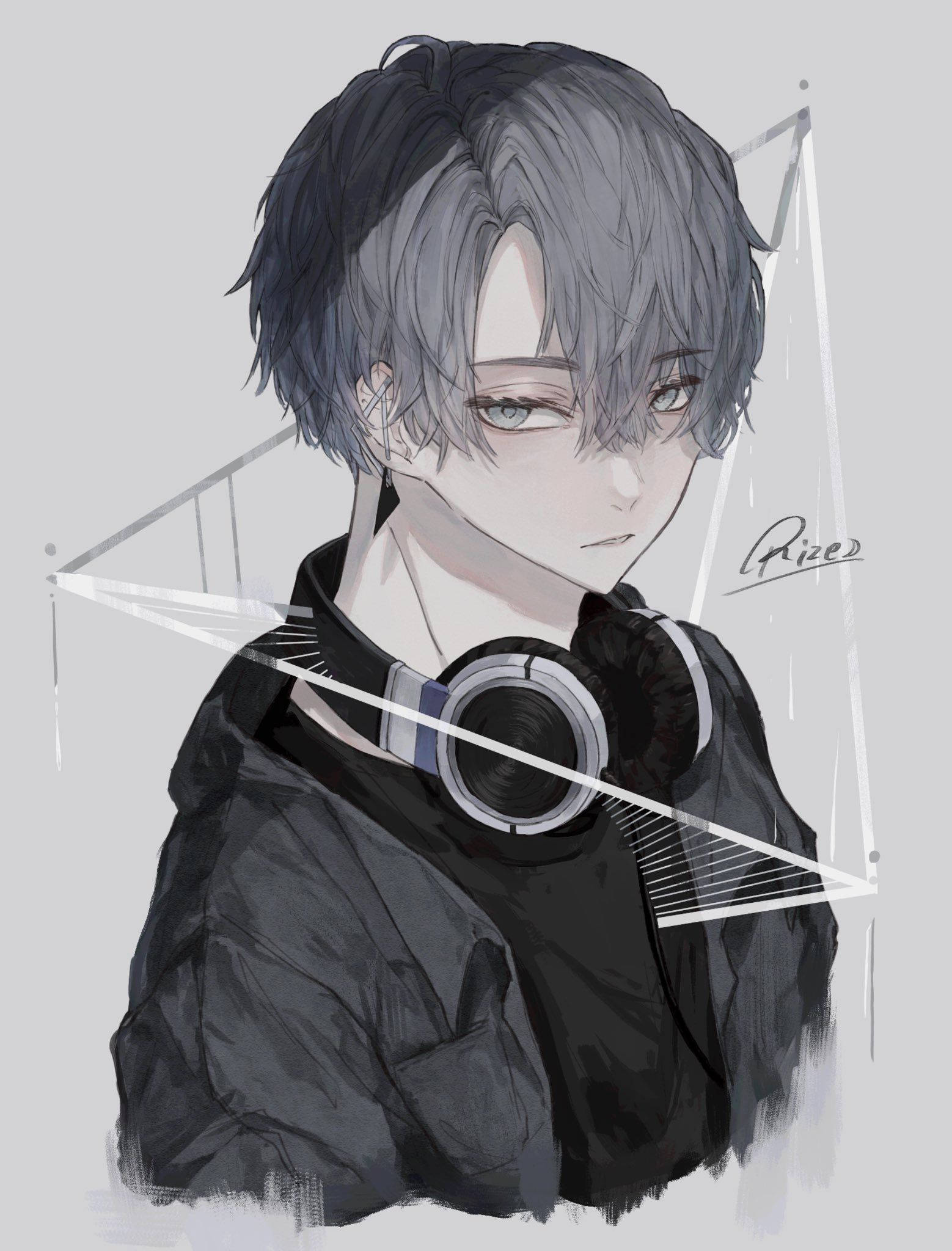 Edgy 桌布 壁紙 — 一個帶有灰色頭髮和耳機的憂鬱動漫男孩，在極簡幾何背景前溫柔地凝視。