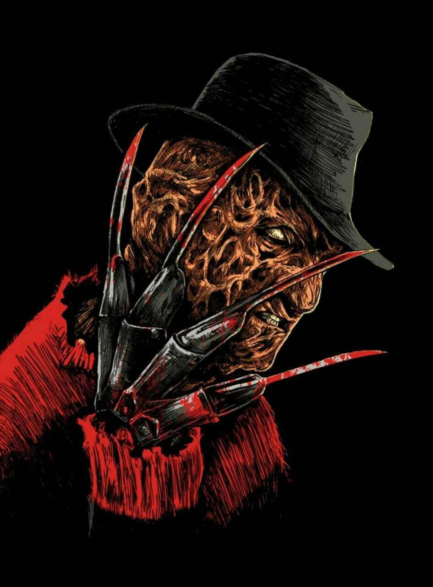 Freddy 桌布 壁紙 — 一個帶有燒傷面孔和刀片手套的威脅性弗雷迪·克魯格在黑色背景下強烈凝視。