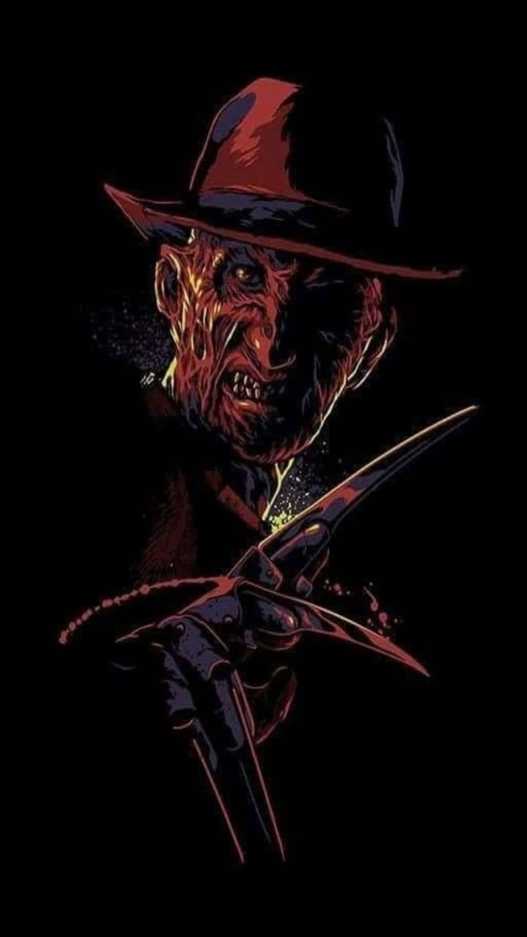 佛莱迪·克鲁格 桌布 壁紙 — 一個帶有燒傷面孔和利爪手套的恐怖 Freddy Krueger 從黑暗中出現，手持刀刃。