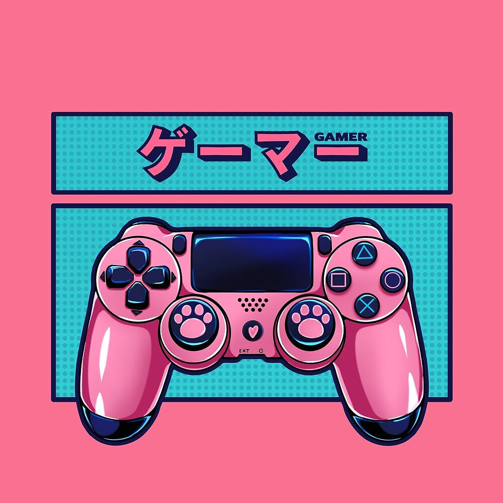 PlayStation 桌布 壁紙 — 一個帶有爪印握把的鮮豔粉紅色遊戲控制器，位於一個青綠色橫幅下方，橫幅上以粗體日文和英文寫著「GAMER」。