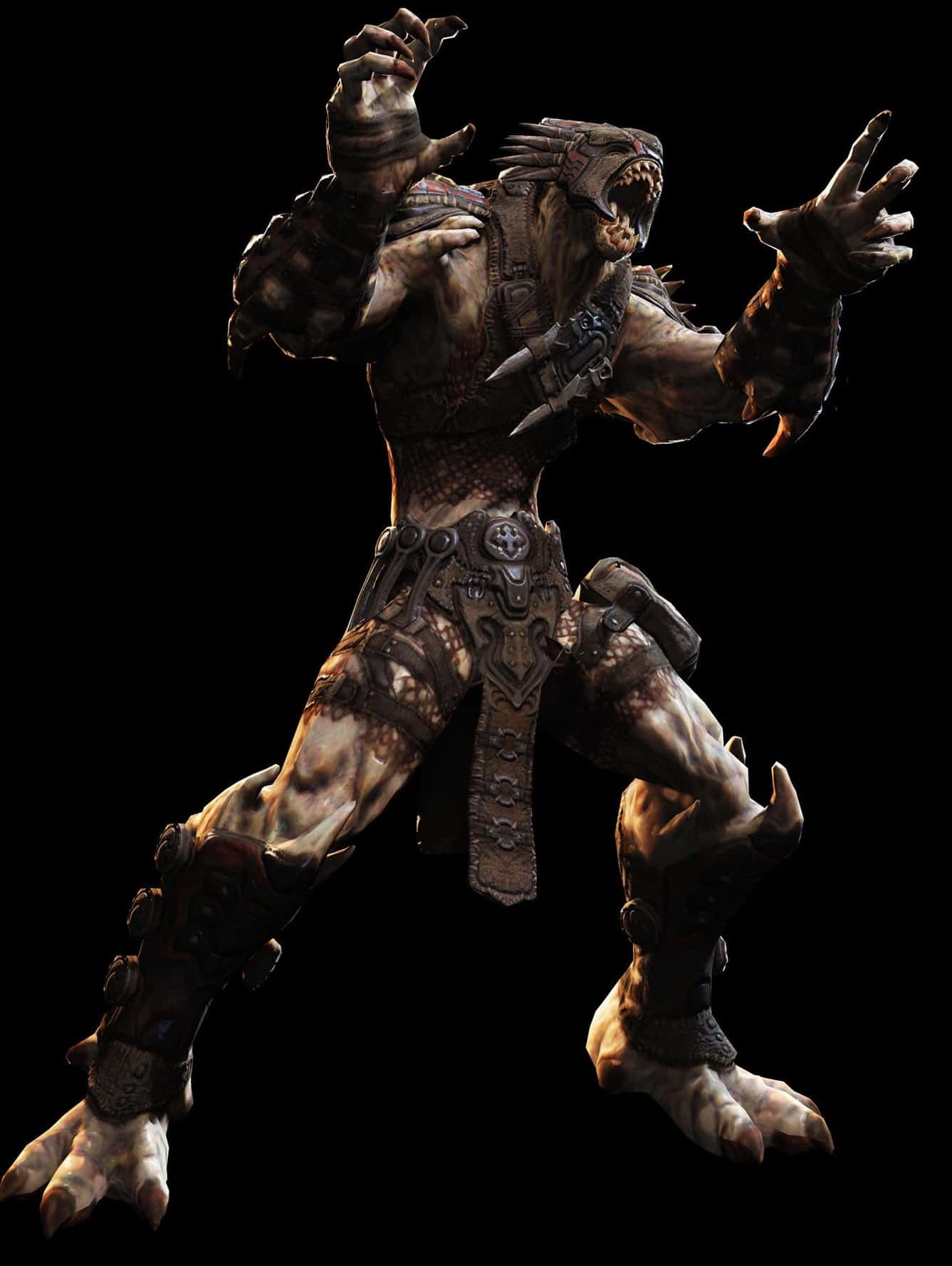 Best Gears Of War 5 桌布 壁紙 — 一個帶有爪子和尖刺盔甲的威脅性裝甲怪物在黑色背景上咆哮。
