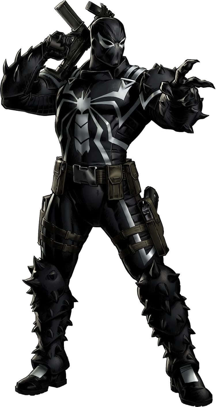 Flash Thompson 桌布 壁紙 — 一個帶有爪子和武器的威脅性黑銀色裝甲超級英雄以戰鬥姿勢站立。