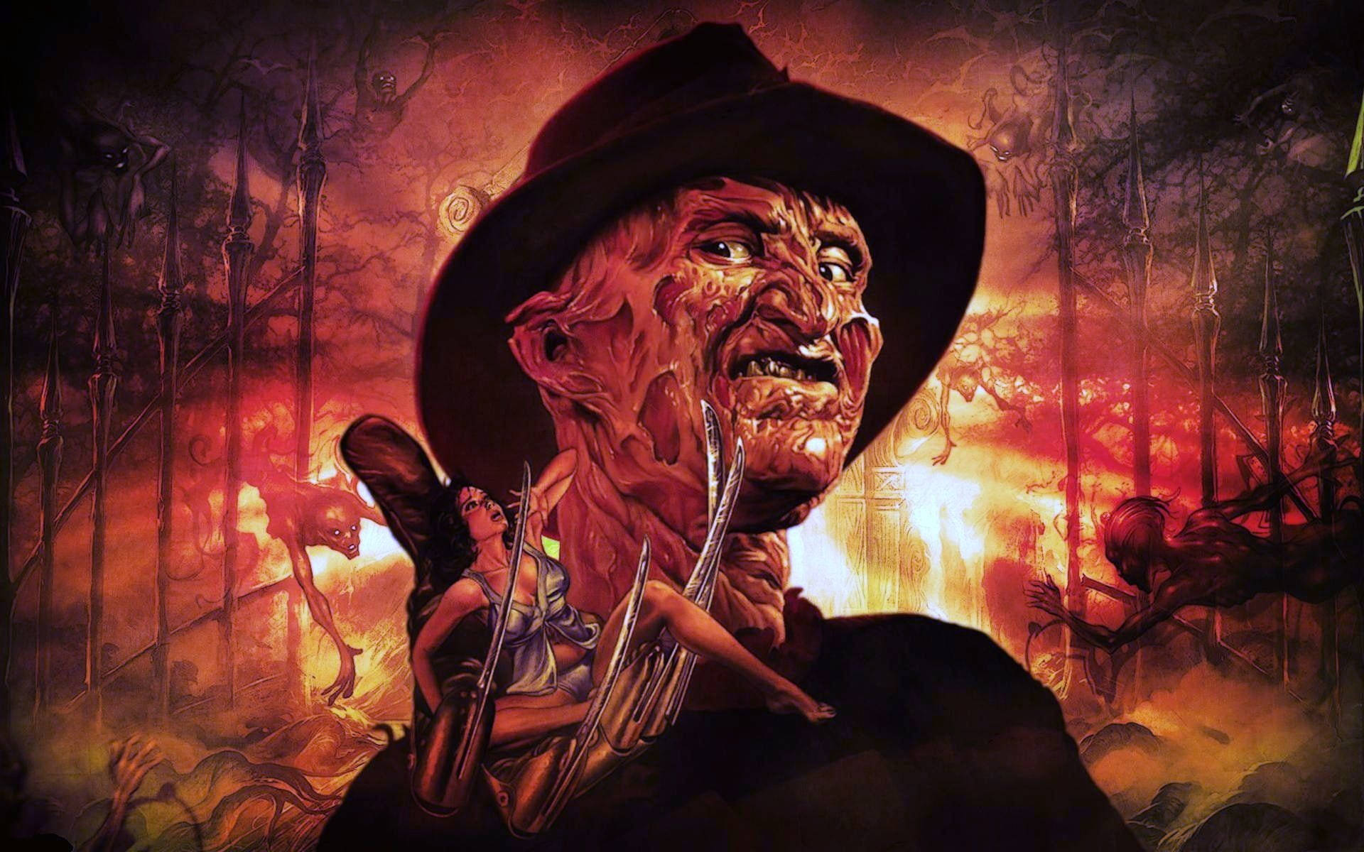 Freddy 桌布 壁紙 — 一個帶有爪子的威脅性佛萊迪·克魯格從火焰中出現，背景是地獄般的森林。