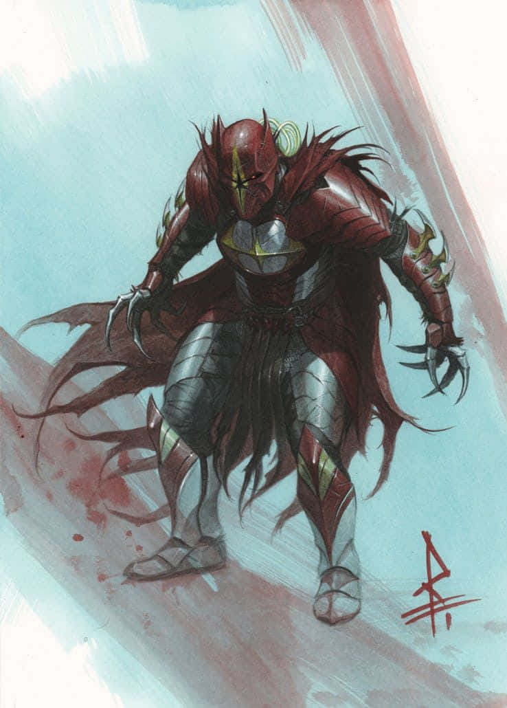 Batman Knightfall 桌布 壁紙 — 一個帶有爪狀手和飄逸斗篷的威脅性紅色裝甲戰士，以動態姿勢站在淺藍色和粉紅色的背景前。